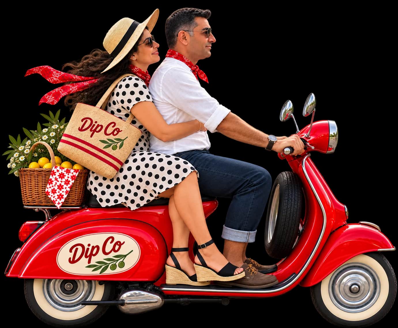 The Dip Co family on a red scooter, ready for their trip to Italy.