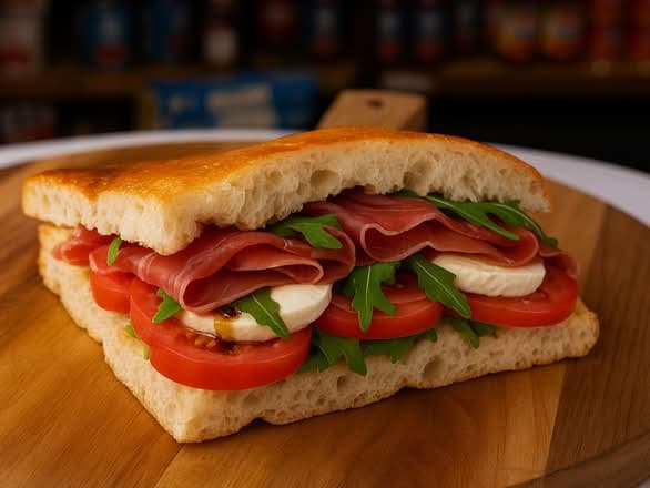 Buonissimo (Mortadella & Bocconcini) sandwich on Focabari bread